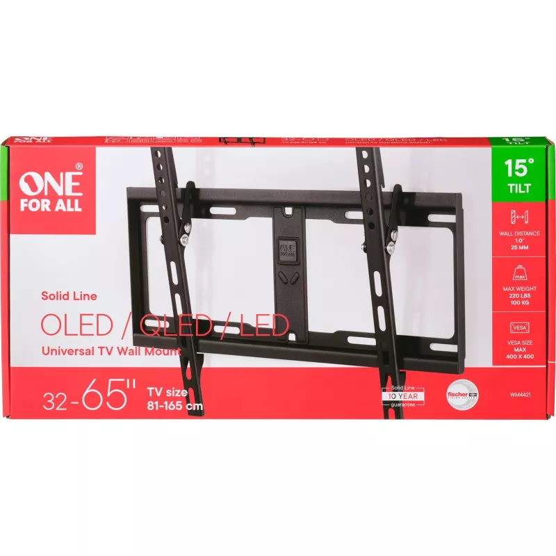 ONE FOR ALL sienas stiprinājums, WM 4421, 32-60 collas, noliecams, maksimālais svars (ietilpība) 100 kg, VESA 100x100, 200x100, 200x200, 300x200, 300x300, 400x200, 400x300, 400x400 mm, melns