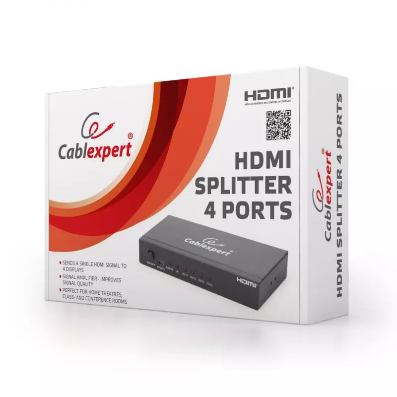 HDMI video splitter GEMBIRD DSP-4PH4-02 — 4× HDMI izejas, HDMI 1.4, 225 MHz, tērauda korpuss, 146×73×24 mm