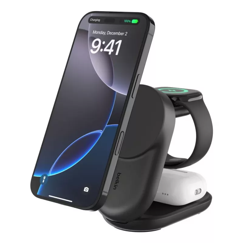 Belkin UltraCharge 25W Qi2 3in1 magnētiskais lādētājs, EU, melns, apaļš
