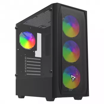 PC korpuss SAVIO Noctis Flow RGB — Cube, ATX/Mini-ITX, 3x 120 mm priekšējie ventilatori, rūdīta stikla sānu panelis, max GPU 35 cm