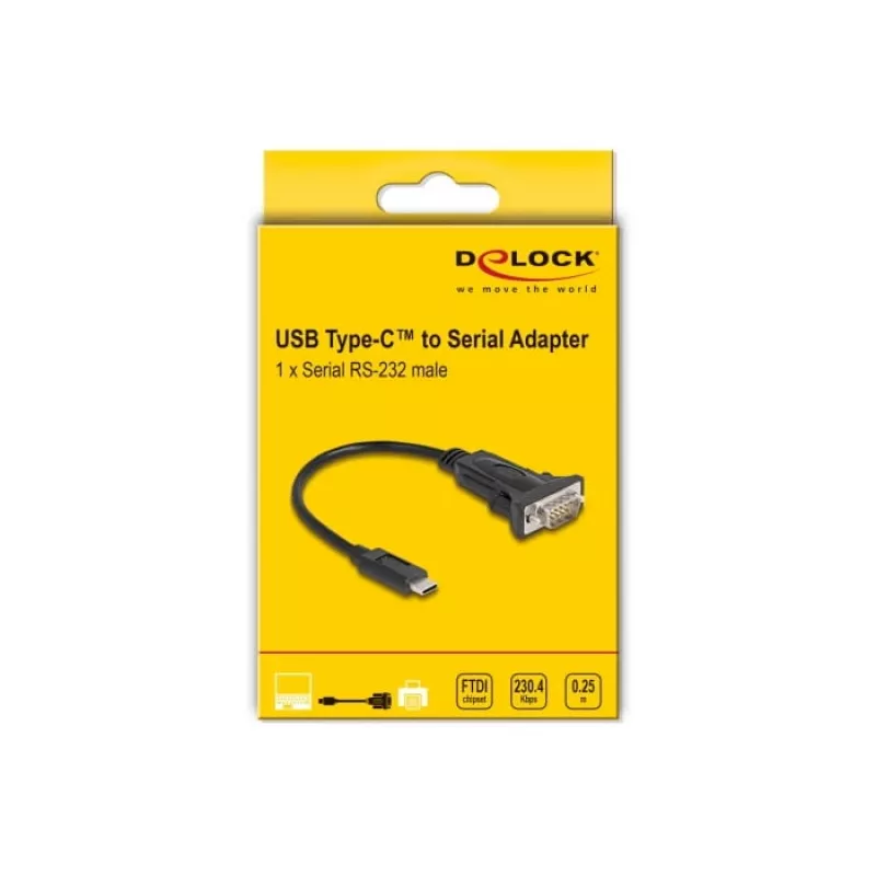 DeLOCK adapteris USB Type-C uz RS-232 D-Sub 9 kontaktu, vīrišķais, 0,25 m
