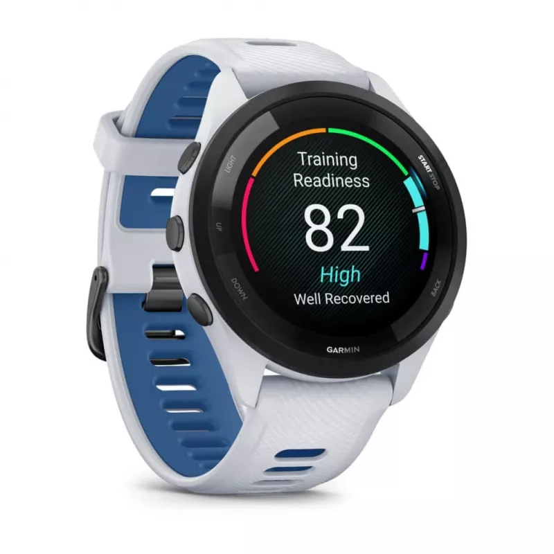 GARMIN Forerunner 265 viedpulkstenis — 46 mm GFRP korpuss, AMOLED 1,3 collas, GPS/GLONASS/Galileo, 15 dienu akumulators, 5 ATM, silikona siksniņa