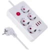 Strāvas sadalītājs MACLEAN MCE392 W — 4 F tipa kontaktligzdas, 3×USB A, 110–240 V, maks. 2,1 A, 2500 W, 1,5 m kabelis, balts
