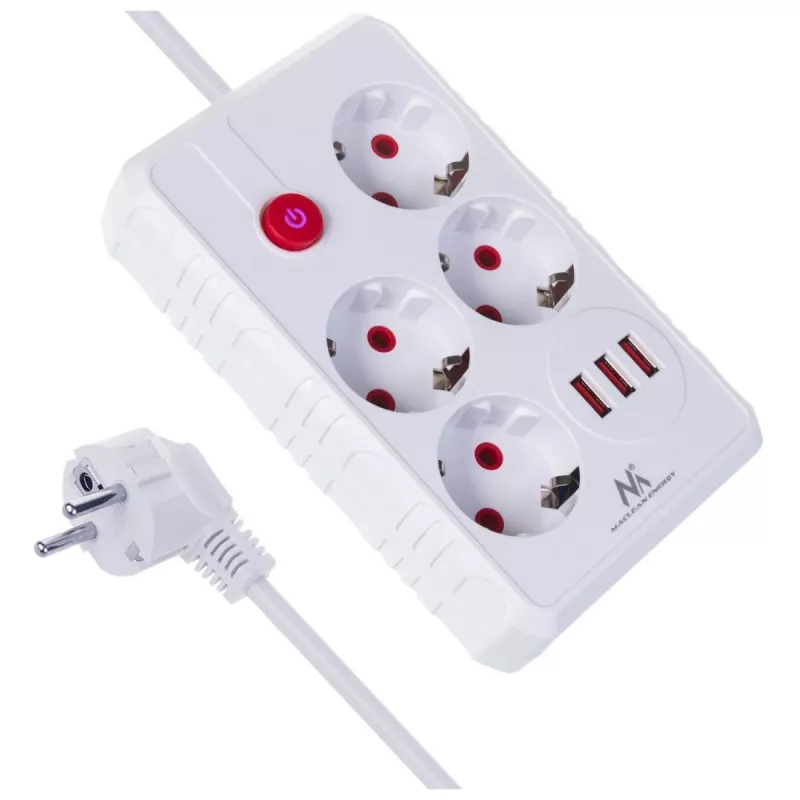 Strāvas sadalītājs MACLEAN MCE392 W — 4 F tipa kontaktligzdas, 3×USB A, 110–240 V, maks. 2,1 A, 2500 W, 1,5 m kabelis, balts