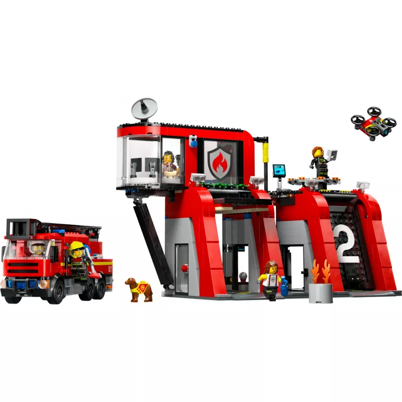 Konstrukciju rotaļlieta LEGO City Ugunsdzēsēju stacija ar grozāmo kāpņu transportlīdzekli 60414 — 843 detaļas, 5 minifigūras, 220×320×140 mm