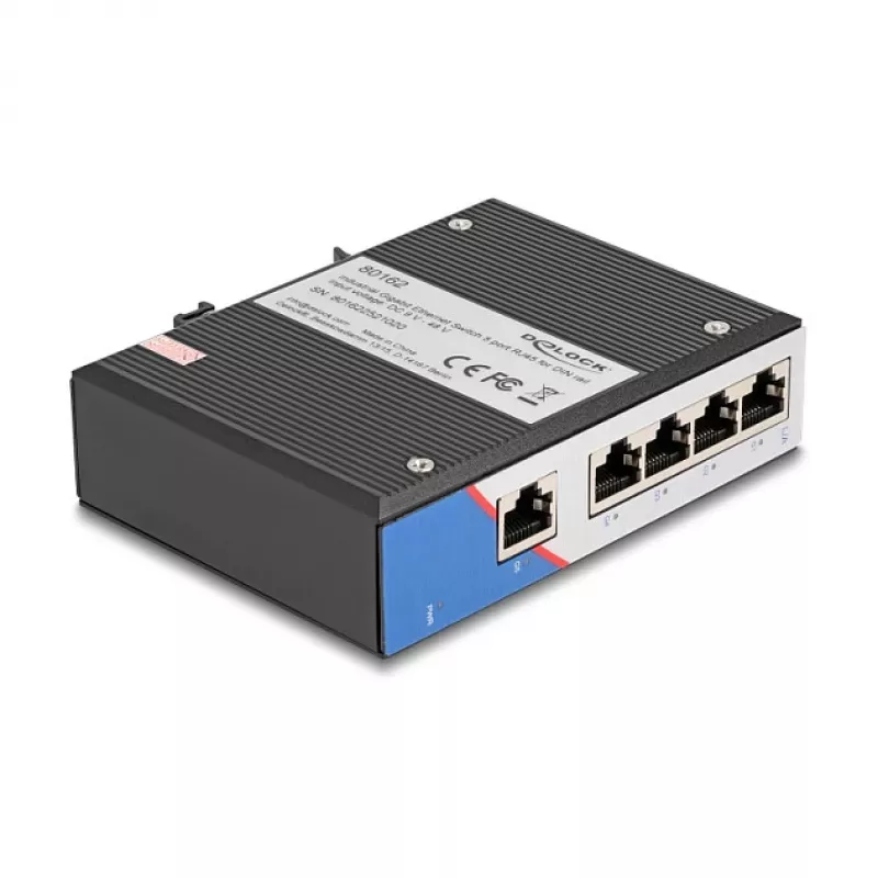 Ethernet slēdzis DELOCK 80162 — 5‑portu Gigabit RJ45 DIN sliedes montāžai