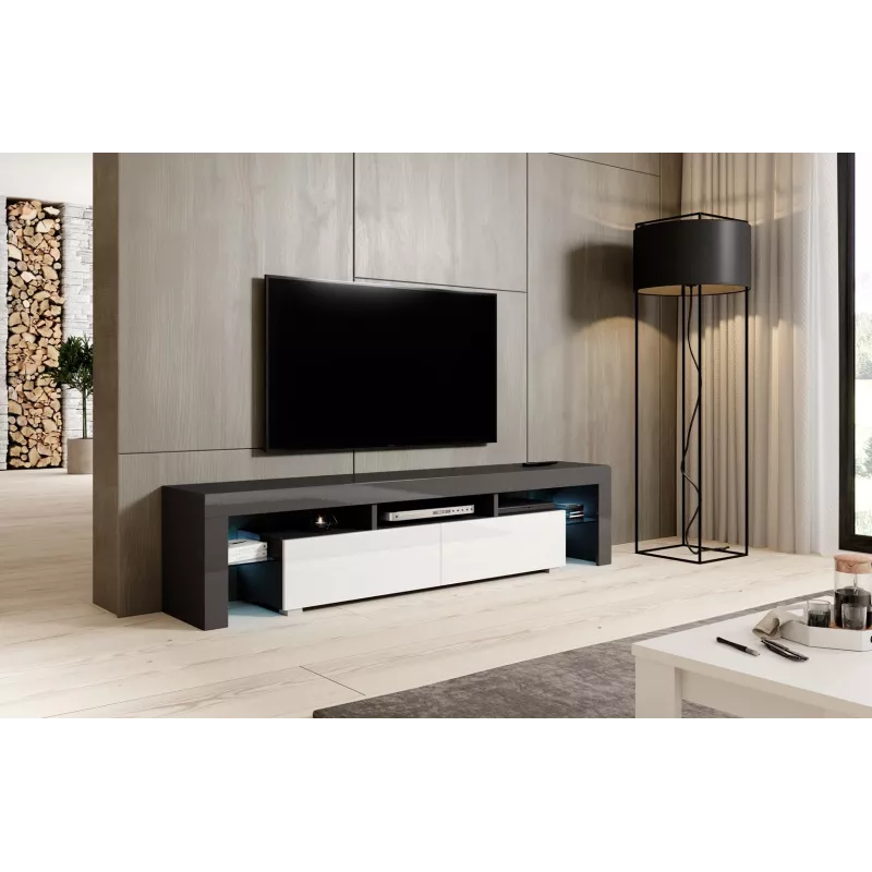 TV statīvs Cama Meble TORO 200 — 2000×350×410 mm, pelēka virsma no skaidu plātnes, pelēks/balts spīdums