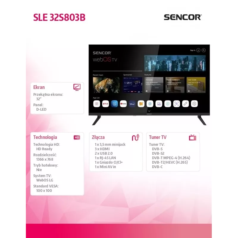 LED SMART TV SENCOR SLE 32S803B 32 collas webOS HD 1366×768, HDR10, Wi‑Fi, Bluetooth, DVB‑T/T2/C/S/S2, 3×HDMI, 2×USB