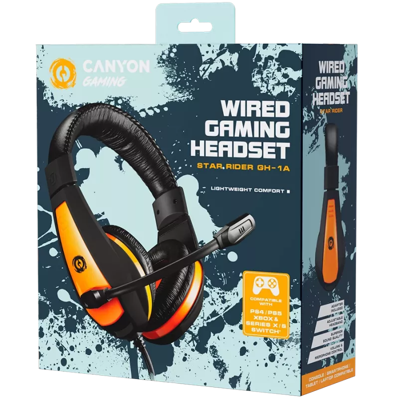 CANYON Star Raider GH-1A, Gaming austiņas ar 3,5 mm ligzdu, regulējamu mikrofonu un skaļuma kontroli, ar 2in1 3,5 mm adapteri, 2 m kabeli, melnas, 0,23 kg