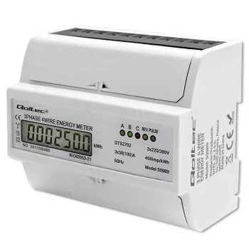 Qoltec Trīsfāzu divvirzienu elektroniskais skaitītājs | DIN sliedes enerģijas patēriņa mērītājs | 400V | 100A | LCD | 4P