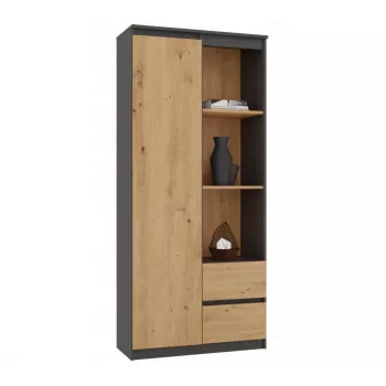 Top e Shop RS-80 BILY biroja grāmatu skapis, antracīta rāmis, amatniecības ozolkoka durvis, 7 plaukti, 2 atvilktnes, 1800×800×350 mm