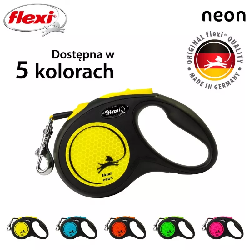 Izvelkama pavada Flexi New NEON 5 m - lentes pavada, maziem suņiem līdz 15 kg, melna/dzeltena