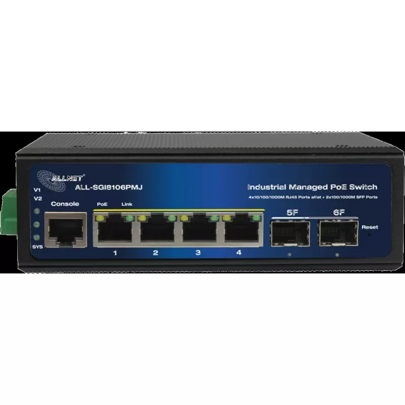 Pārvaldīts industriālais PoE slēdzis ALLNET ALL-SGI8106PMJ ar 4 PoE + 2 augšupsaites portiem