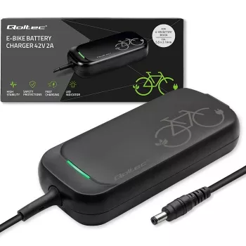 Ebike lādētājs QOLTEC 50332 — 36V/42V izeja, 2A, 5,5×2,1 mm spraudnis