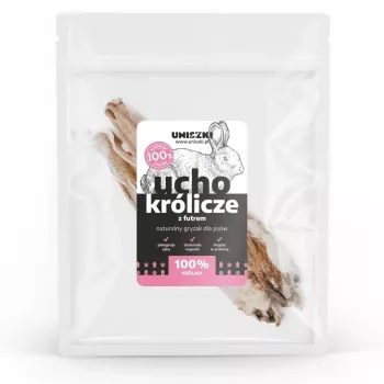 Suņu kārums UNISZKI Rabbit Ear with Fur, 2 gab. — truša garša, proteīns 66,3%, tauki 22,7%, mitrums 9,1%