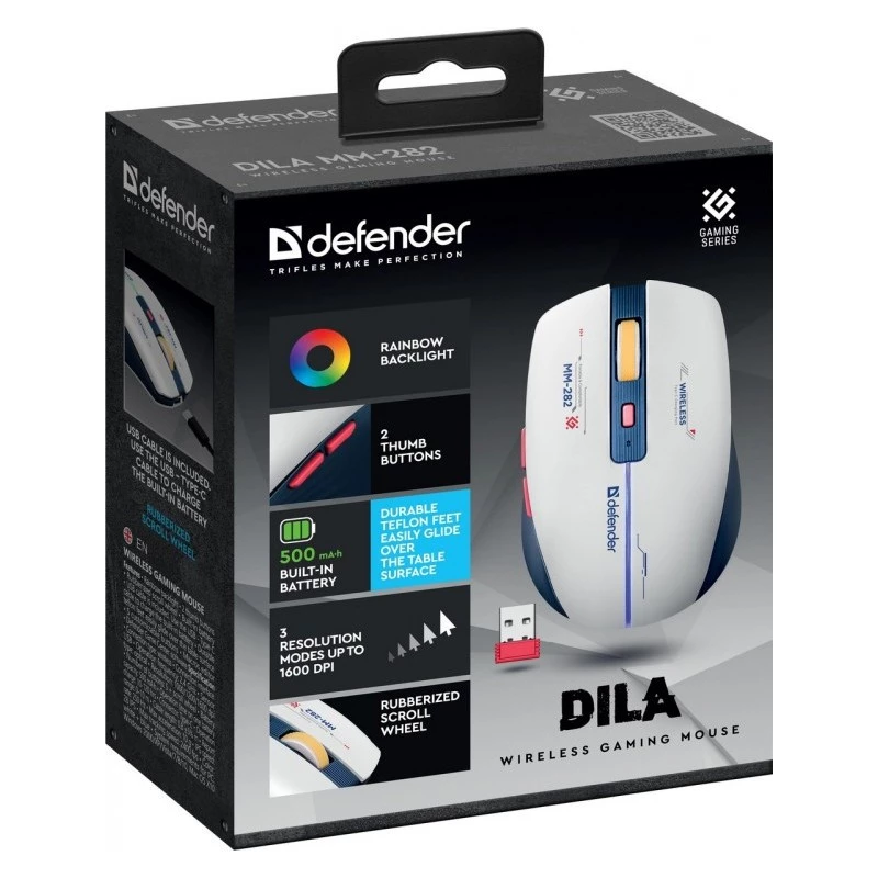 Bezvadu spēļu pele DEFENDER MM-282 RF — piemērota abām rokām, optiska, 1800 DPI, 5 pogas, USB, darbināma ar baterijām