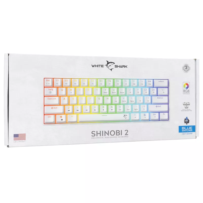 Vadu mehāniskā tastatūra White Shark Shinobi-2 (GK-004221) — zilie slēdži, balta, ASV izkārtojums