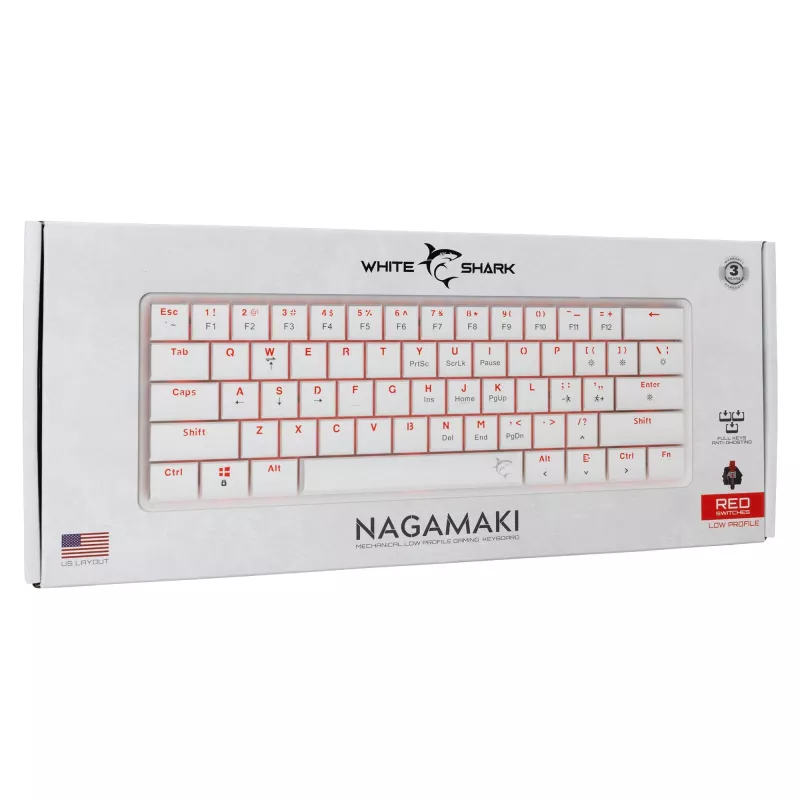 Mehāniskā tastatūra White Shark Nagamaki GK-006211 — kompakts izkārtojums, sarkanie mehāniskie slēdži, balts korpuss