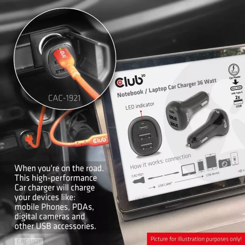 CLUB3D Piezīmjdatora / klēpjdatora automašīnas lādētājs 36 Watt, Auto, cigarešu šķiltava, 24 V, melns