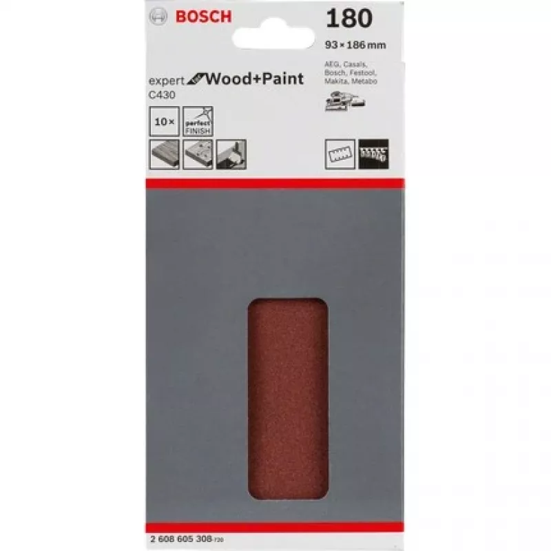 Bosch C430 Expert kokam un krāsai, slīpēšanas loksne, smalks grauds, P180, sintētiskie sveķi, apdares darbi, krāsas noņemšana, krāsa, koks