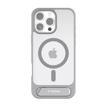 Aizsargājošs telefona vāciņš Torras Pstand sērija iPhone 16 Pro Max, pelēks, plāns profils ar integrētu statīvu