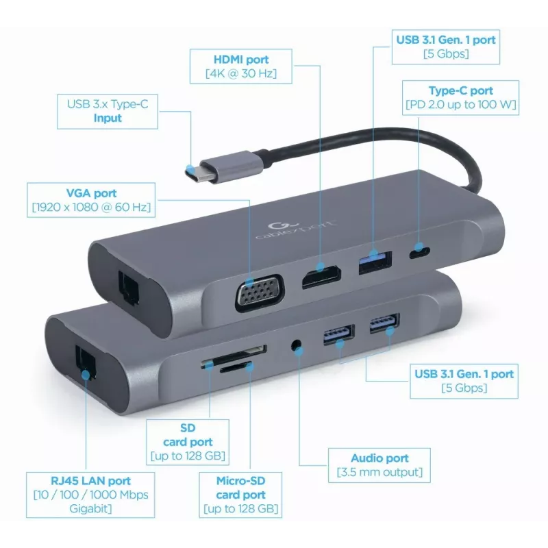 Gembird A-CM-COMBO7-01 piezīmjdatora dokstacija/portu replikators USB 3.2 Gen 1 (3.1 Gen 1) Type-A pelēks