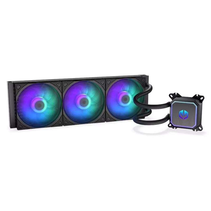 Universāls šķidruma dzesētājs ENDORFY Navis F360 ARGB melns — 360 mm radiators, 3x 120×25 mm ventilatori, 250–1800 apgr./min, sūknis 1600–2600 apgr./min, atbalsta LGA 1700/AM5/AM4