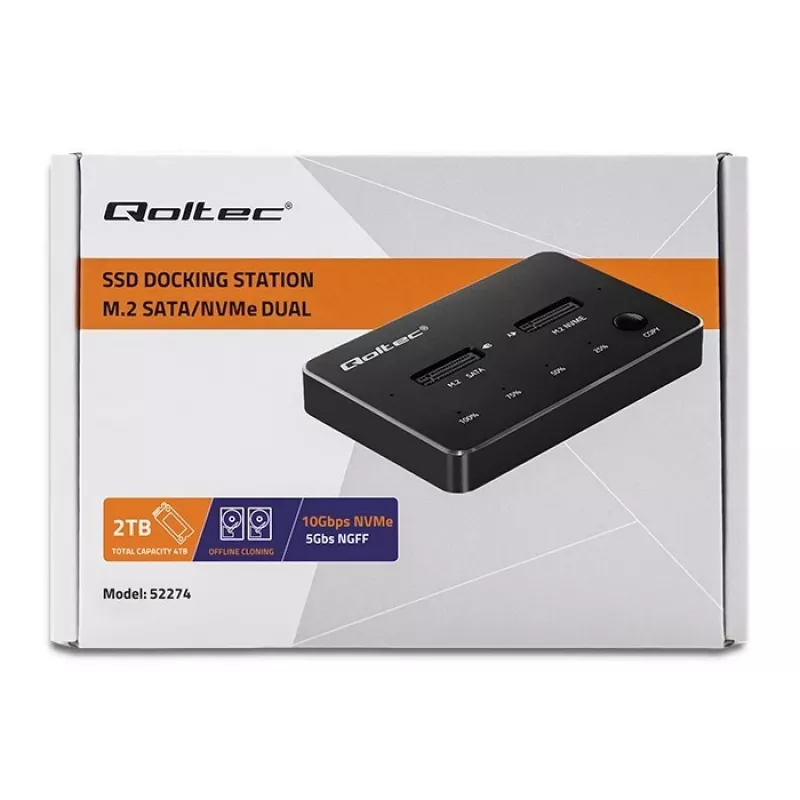 Qoltec 52274 M.2 SSD diskdziņu dokstacija | NVMe | SATA | USB-C | DUAL 2 x 2TB