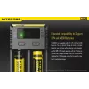Bateriju lādētājs Nitecore NEW i2 — 2 vietu lādētājs LiFePO4, Li-Ion, NiMH baterijām; ieeja 100–240V; izeja 9–12V; piemērots AAAA/C/D/AAA/AA; melns