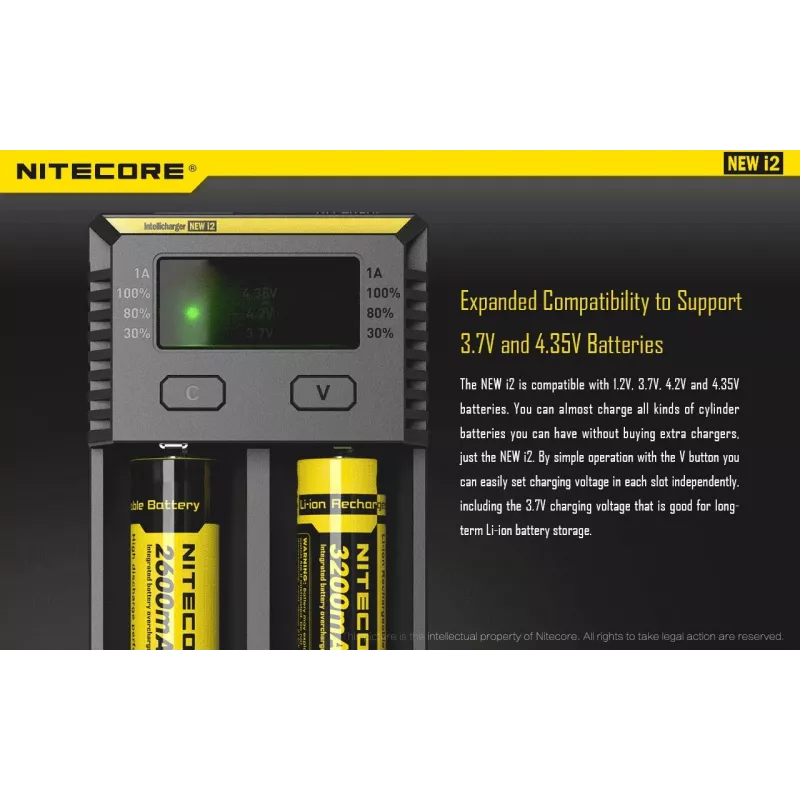 Bateriju lādētājs Nitecore NEW i2 — 2 vietu lādētājs LiFePO4, Li-Ion, NiMH baterijām; ieeja 100–240V; izeja 9–12V; piemērots AAAA/C/D/AAA/AA; melns