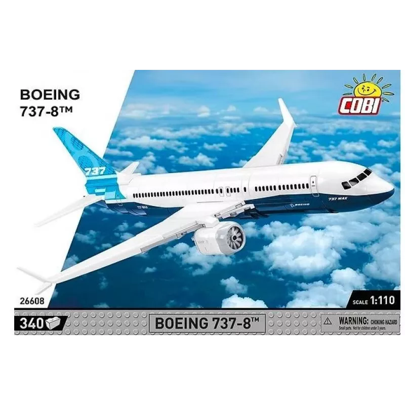 Būvniecības komplekts Cobi Boeing 737-8 — 340 detaļas, ieteicamais vecums 7+, zila un balta