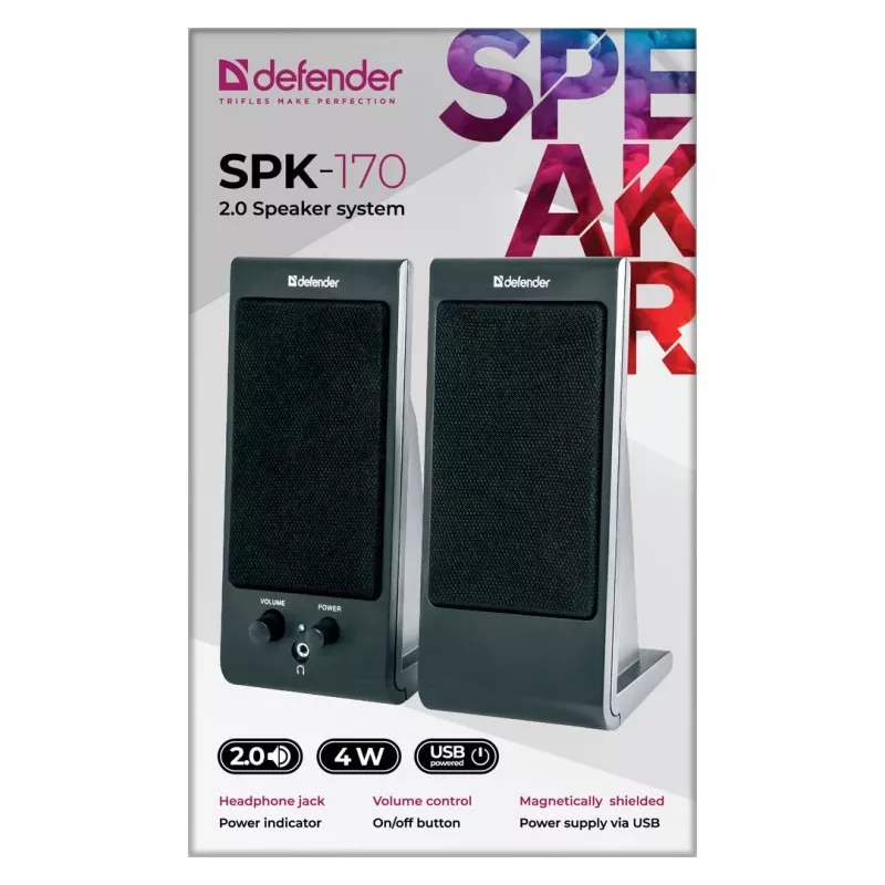Galda / plaukta skaļruņi DEFENDER SPK-170 2.0, 4 W RMS, vadu USB 5 V, 3,5 mm, melni