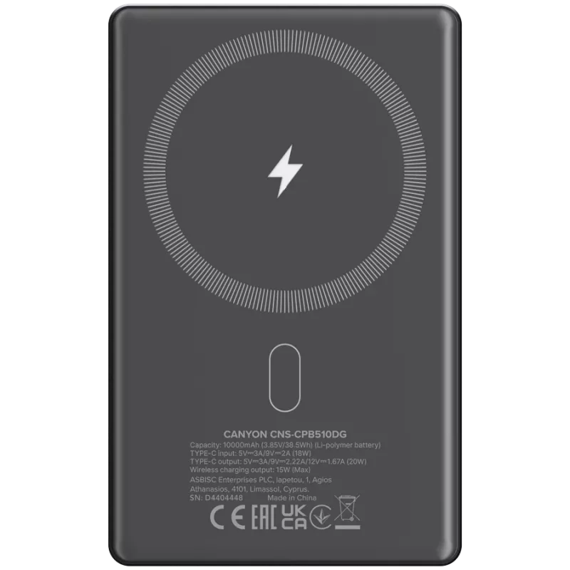 Canyon OnCharge 510 - Powerbank - 10.000 mAh - ieeja USB-C - izeja USB-C PD 20W + bezvadu magnētiskais