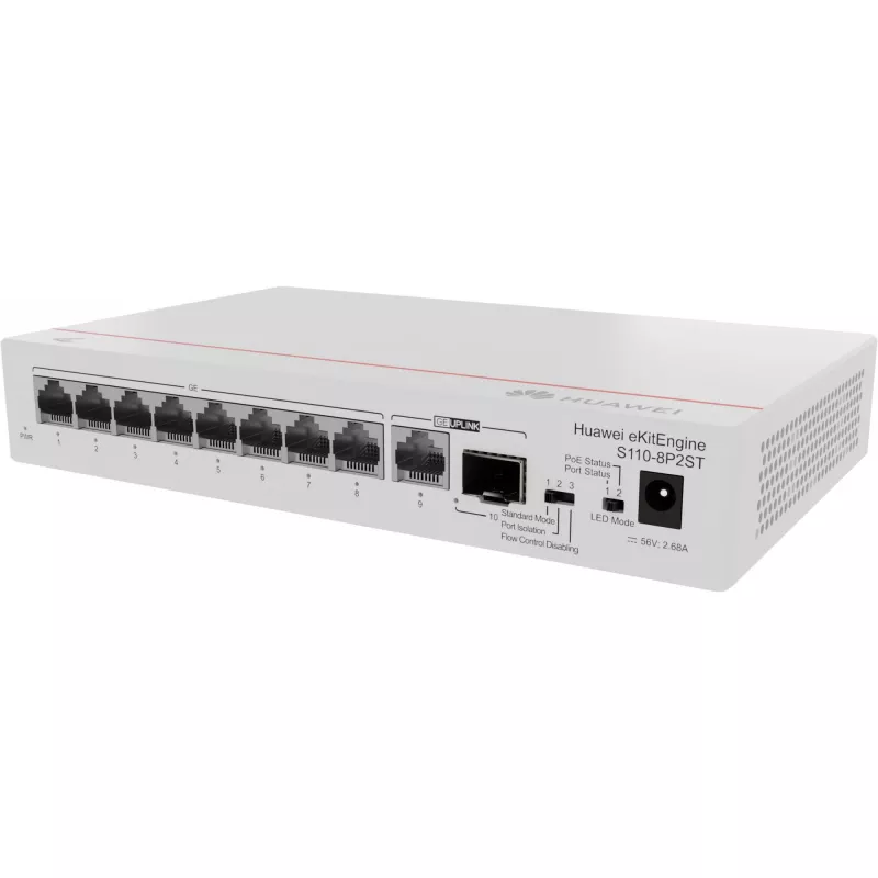 HUAWEI eKit S110 Series S110-8P2ST nepārvaldīts L2 Gigabit Ethernet (10/100/1000) barošana pa Ethernetu (PoE), pelēks