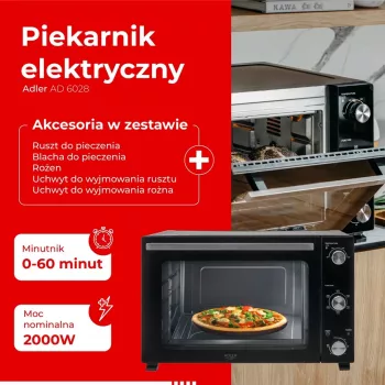 Elektriskā cepeškrāsns Adler AD 6028 — 60 L, 2000 W, brīvi stāvoša, rotējošās vadības ierīces, rotisserie, max 230°C, melna
