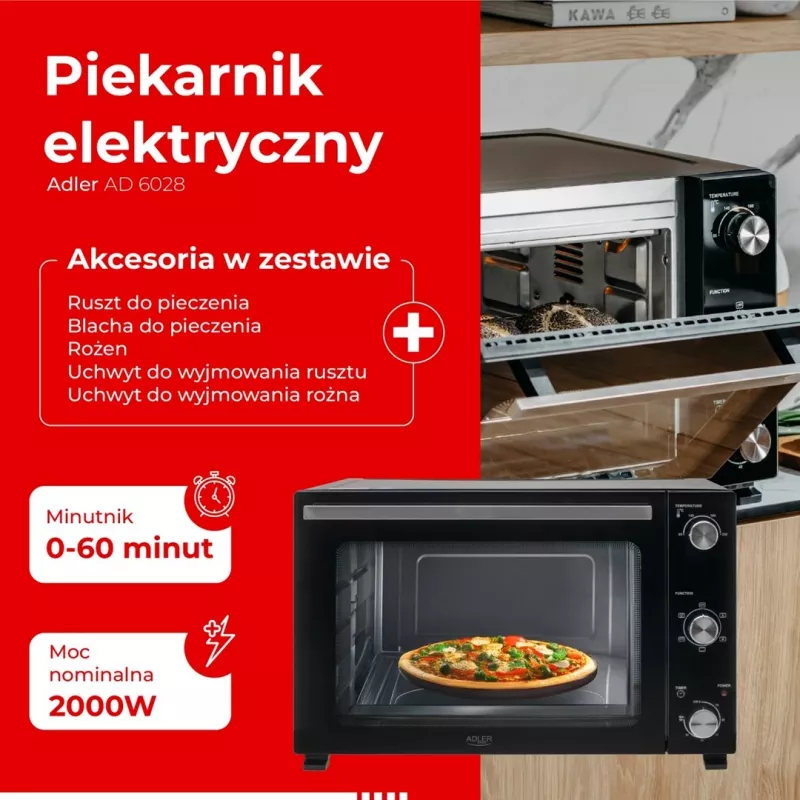Elektriskā cepeškrāsns Adler AD 6028 — 60 L, 2000 W, brīvi stāvoša, rotējošās vadības ierīces, rotisserie, max 230°C, melna