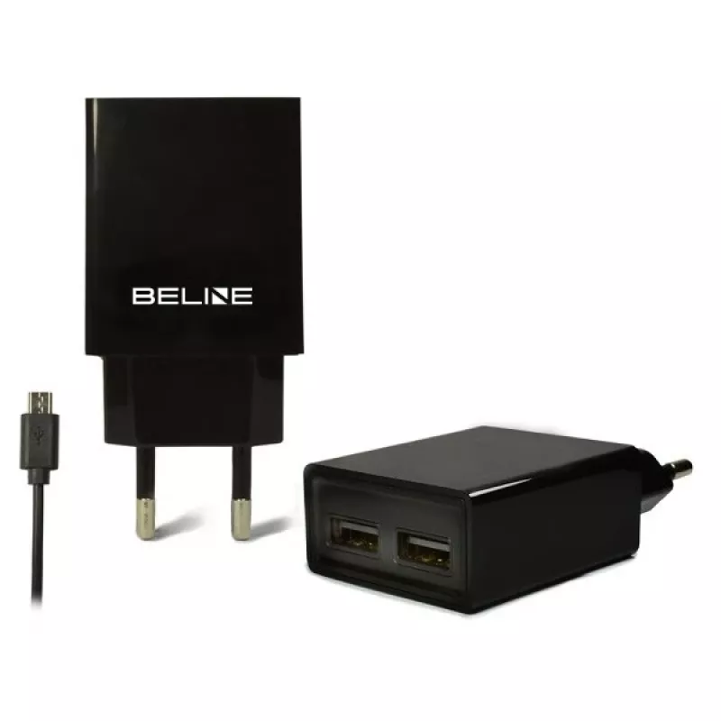 Ceļojumu lādētājs Beline Beli0011 — 2×USB pieslēgvietas, microUSB kabelis, 2A izeja, melns
