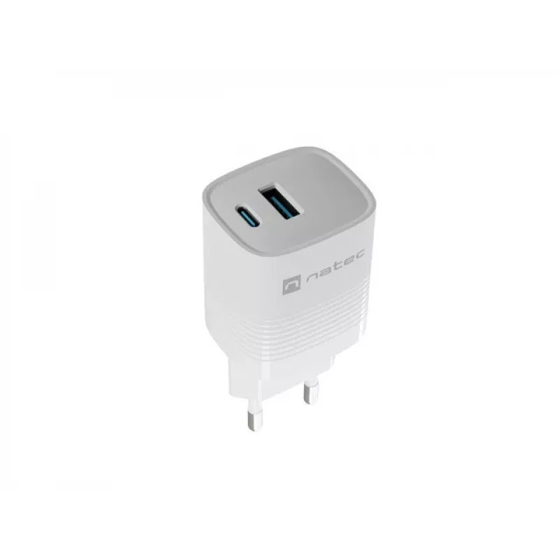 Vadu mobilo ierīču lādētājs NATEC NUC-2140, 30W, USB-C PD 3.0 + USB-A, Samsung AFC, Balts