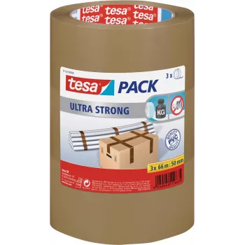 Iepakojuma lente Tesa 51124 Ultra Strong — 66 m garums, 50 mm platums, 3 gab. iepakojumā