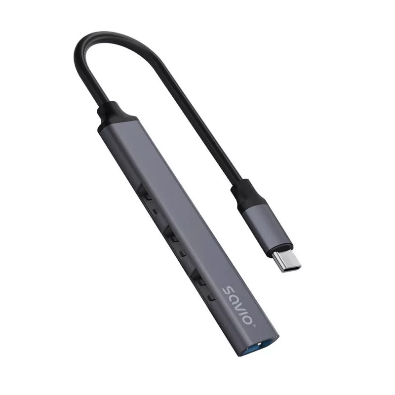 USB 3.0 4-portu saskarnes centrmezgls SAVIO AK-71 ar USB-C resursdatora pieslēgvietu, 5000 Mbit/s, 2 gadu garantija