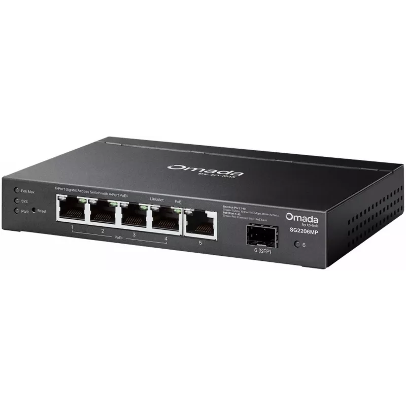 Tīkla slēdzis TP‑LINK SG2206MP L2 Gigabit Ethernet PoE 5 portu (5x Gigabit, 1x SFP, PoE+ 4 porti, 63W jaudas budžets)