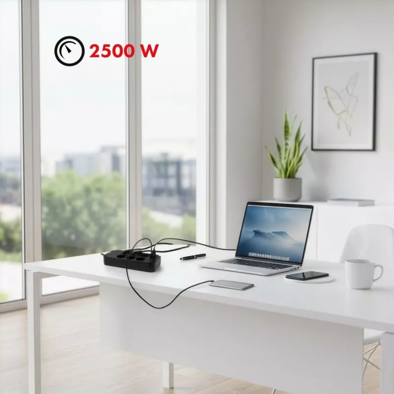 Strāvas sadalītājs MACLEAN MCE391 B – 6 rozetes, 4×USB-A + 1×USB-C, 110–240V, 2500W, 3 m kabelis, melns
