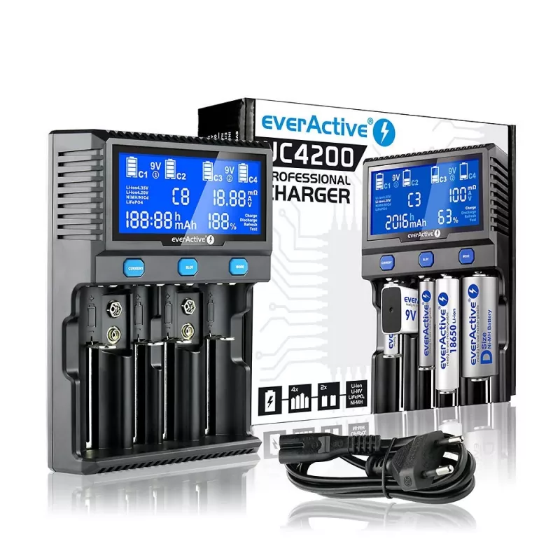 everActive UC-4200 universālais maiņstrāvas bateriju lādētājs 12V 3A, atbalsta AA/AAA/C/9V, 4 elementi, melns, iebūvēts displejs