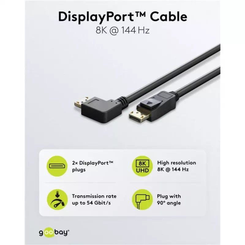 kabelis DisplayPort Plug 90° > DisplayPort Plug, 8K / 144Hz (Melns, 2 Meter, 1 Plug 90° side-angled, 54 Gbit/s, DisplayPort 2.0 / 2.1)