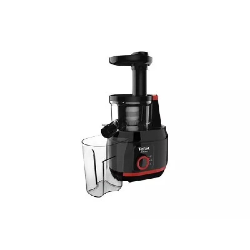 Lēna tipa sulu spiede Tefal Juiceo ZC150 — 150 W, 4,5 cm padeves caurule, 0,8 L sulas un mīkstuma trauki, 80 apgr./min, Melna/Sarkana