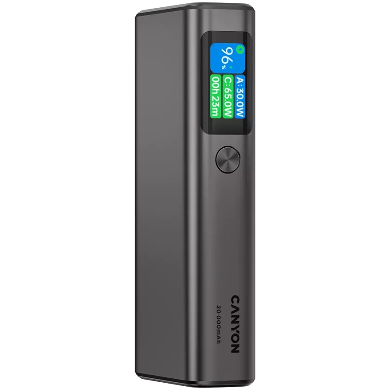 Canyon OnPower 230 TFT ārējais akumulators, 20000 mAh, PD 130 W, 2x USB-C + USB-A, metāla korpuss, tumši pelēks