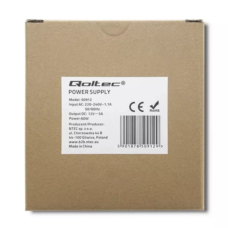 Qoltec DIN sliedes barošanas bloks | 60W | 12V | 5A | Balts | Plāns