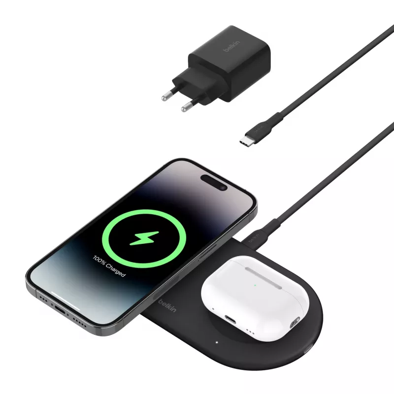 Belkin WIZ021VFBK - 2-in-1 bezvadu uzlādes paliktnis ar Qi2 tehnoloģiju 15 W, melns