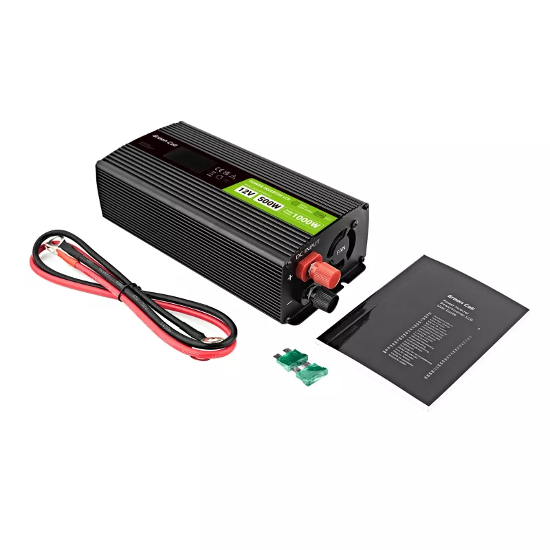 Green Cell sprieguma pārveidotājs PowerInverter LCD 12 V 500W/1000W auto invertors ar displeju - tīra sinusoīda strāvas adapteris Auto Melns