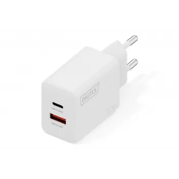 Maiņstrāvas USB lādētājs DIGITUS 20 W, 1x USB-C, 1x USB-A, ieeja 100–240 V, balts